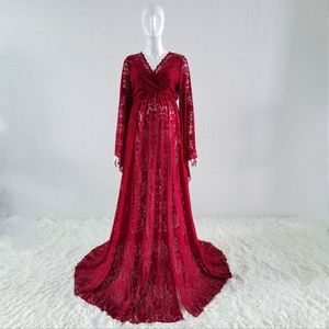 Long Maxi Burgundy Red Boho Style Lace Maternity Dress For Photography.
